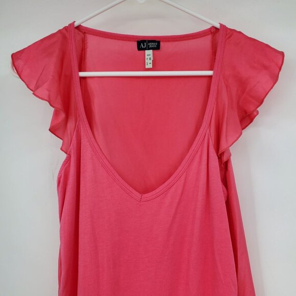 Armani Y2K Resort Coastal Chic Pink Ruffle Sleeve Scoop V Neck Top Shirt Small - Picture 7 of 10